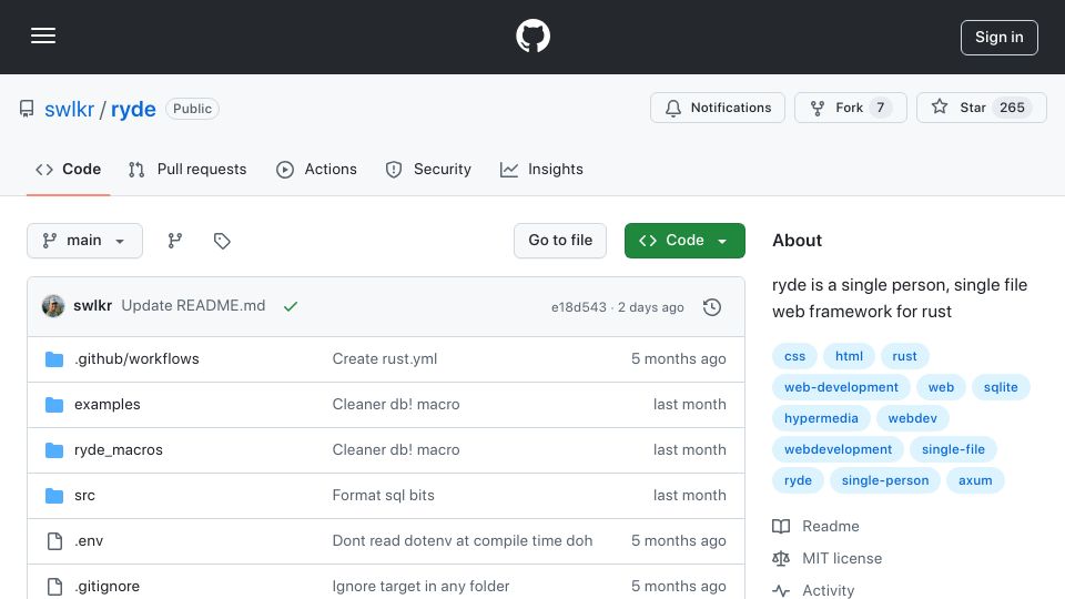 Screenshot of github.com: Show HN: Ryde, a Rust Web Framework