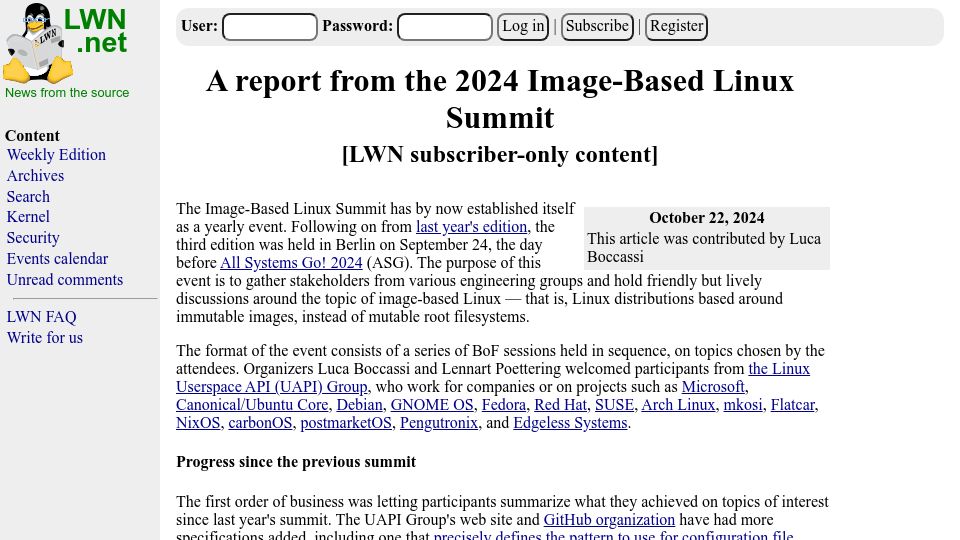 Screenshot of lwn.net: A Report from the 2024 Image-Based Linux Summit