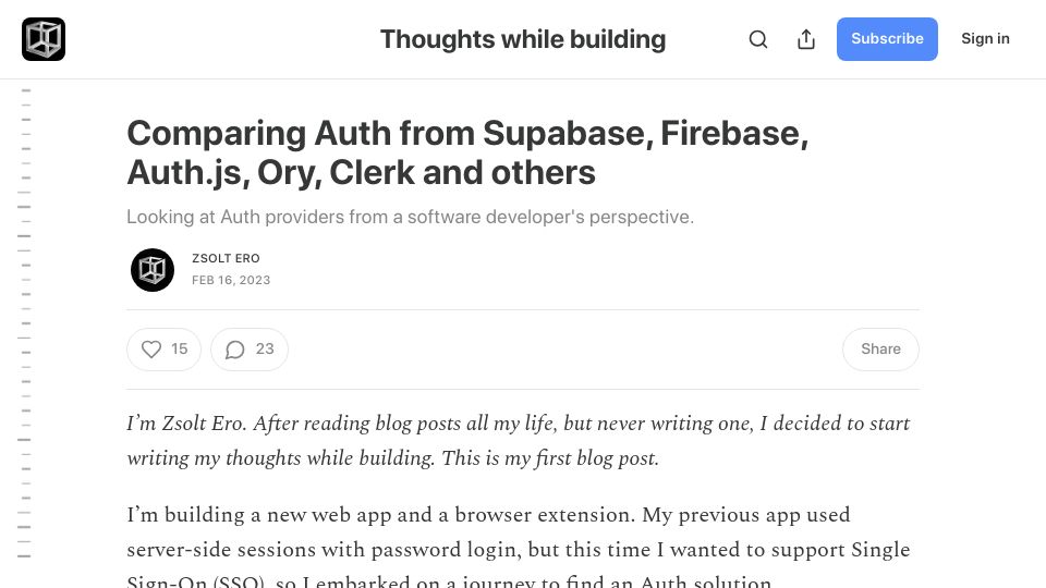 Screenshot of blog.hyperknot.com: Comparing Auth from Supabase, Firebase, Auth.js, Ory, Clerk and Others