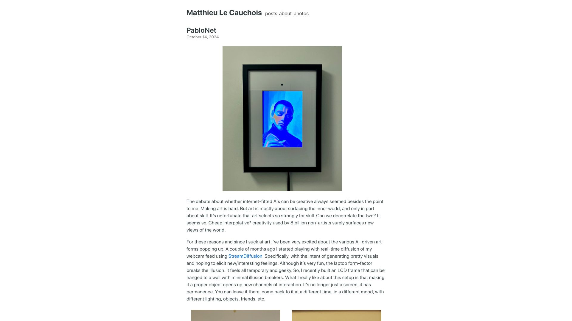 Screenshot of matthieulc.com: Show HN: Wall-mounted diffusion mirror that turns reflections into paintings