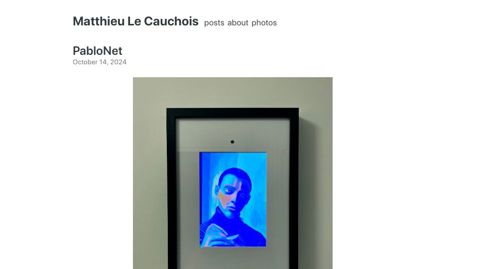 Screenshot of matthieulc.com: Show HN: Wall-mounted diffusion mirror that turns reflections into paintings