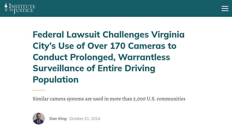 Screenshot of ij.org: Lawsuit challenges Virginia City's use of cameras for warrantless surveillance