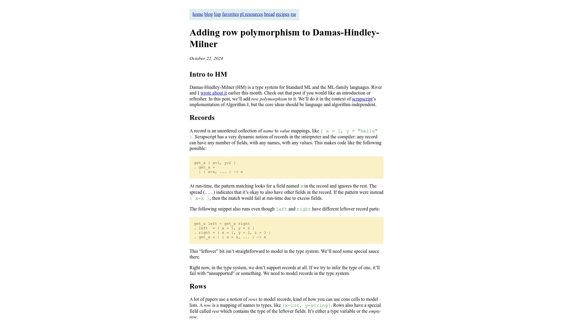 Screenshot of bernsteinbear.com: Adding row polymorphism to Damas-Hindley-Milner