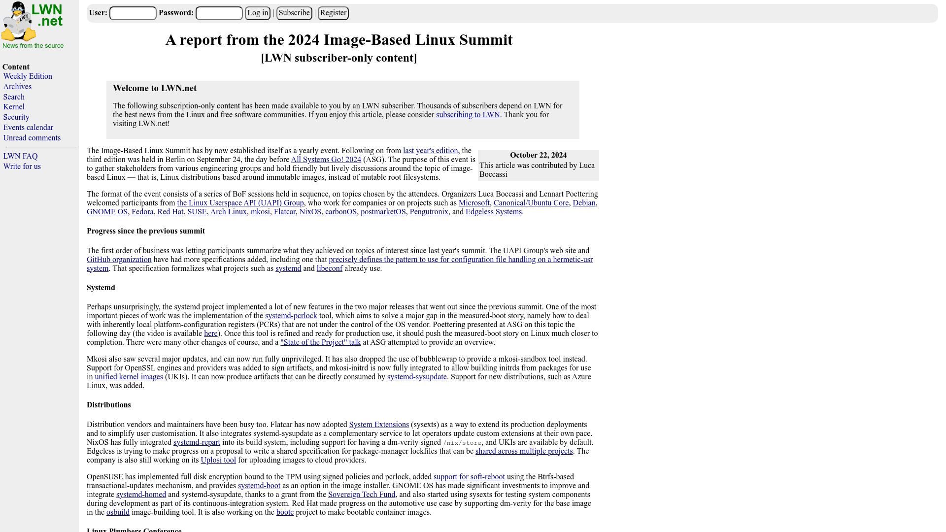 Screenshot of lwn.net: A Report from the 2024 Image-Based Linux Summit