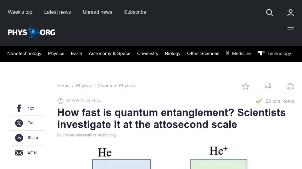 Screenshot of phys.org: How fast is quantum entanglement? Scientists investigate it at attosecond scale