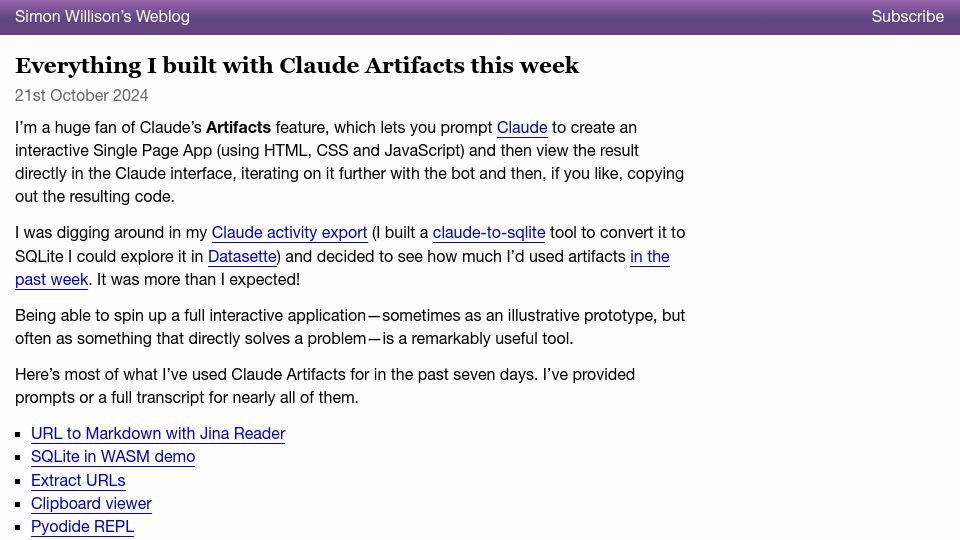 Screenshot of simonwillison.net: Everything I built with Claude Artifacts this week