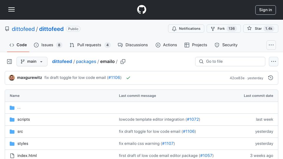 Screenshot of github.com: Show HN: Open-source low-code email editor