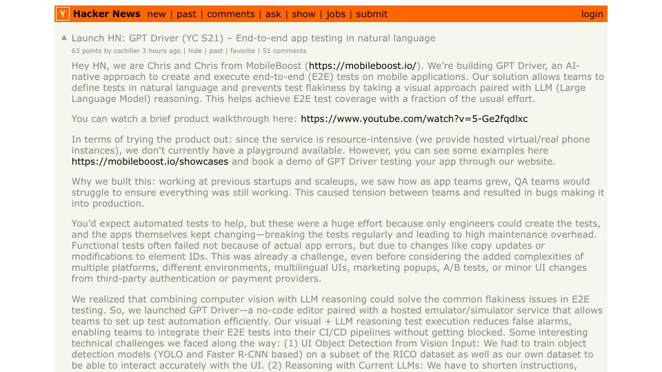 Screenshot of Hacker News post: Launch HN: GPT Driver (YC S21) – End-to-end app testing in natural language