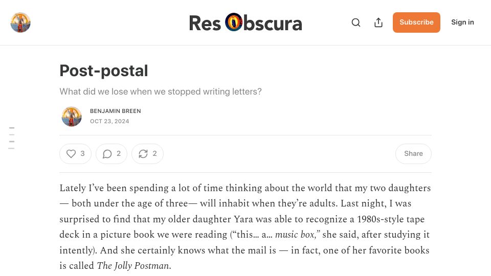 Screenshot of resobscura.substack.com: Post-postal: What did we lose when we stopped writing letters?
