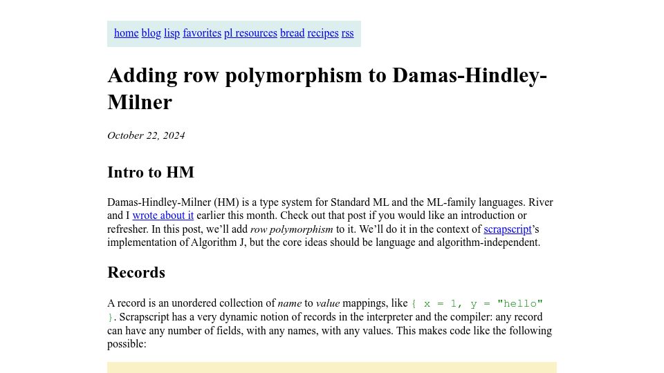 Screenshot of bernsteinbear.com: Adding row polymorphism to Damas-Hindley-Milner