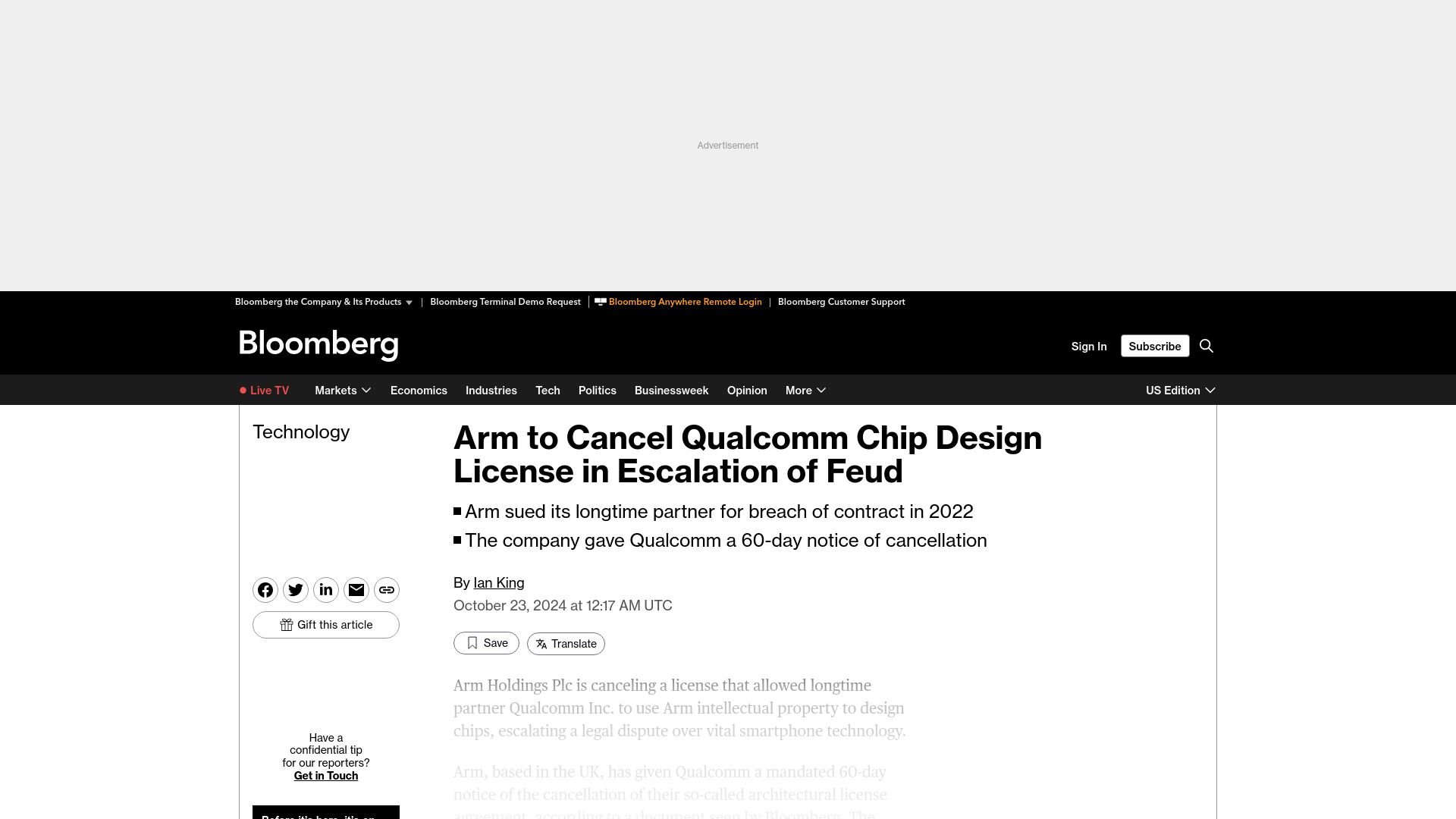 Screenshot of bloomberg.com: Arm is canceling Qualcomm's chip design license