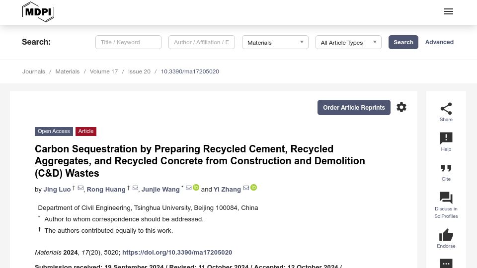 Screenshot of mdpi.com: Carbon Sequestration by Recycling Cement, Aggregates, and Concrete