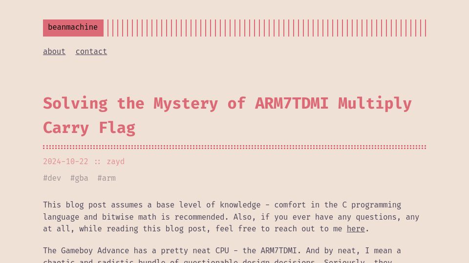 Screenshot of bmchtech.github.io: Solving the Mystery of ARM7TDMI Multiply Carry Flag