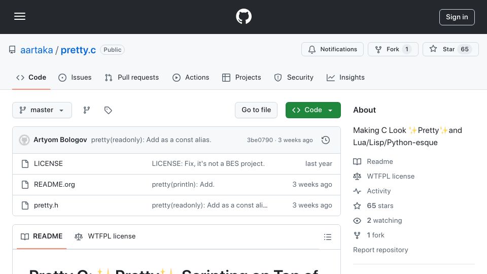 Screenshot of github.com: Pretty.c