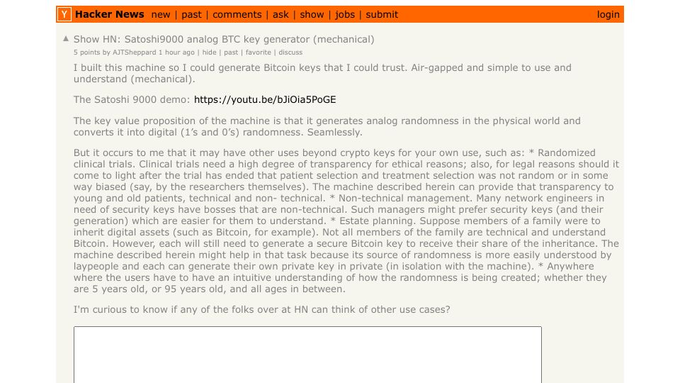 Screenshot of Hacker News post: Show HN: Satoshi9000 analog BTC key generator (mechanical)