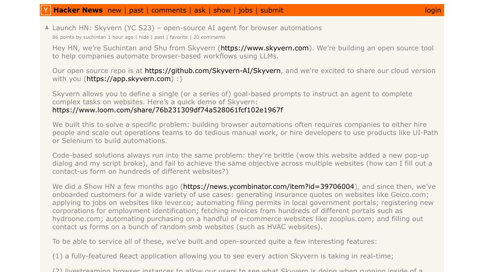 Screenshot of github.com: Launch HN: Skyvern (YC S23) – open-source AI agent for browser automations