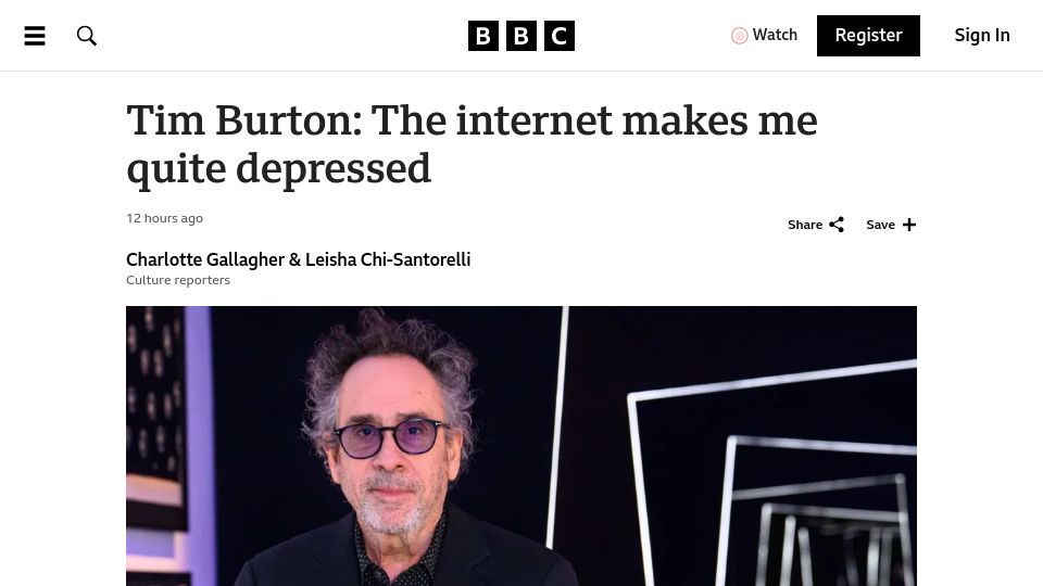 Screenshot of bbc.com: Tim Burton: The internet makes me quite depressed