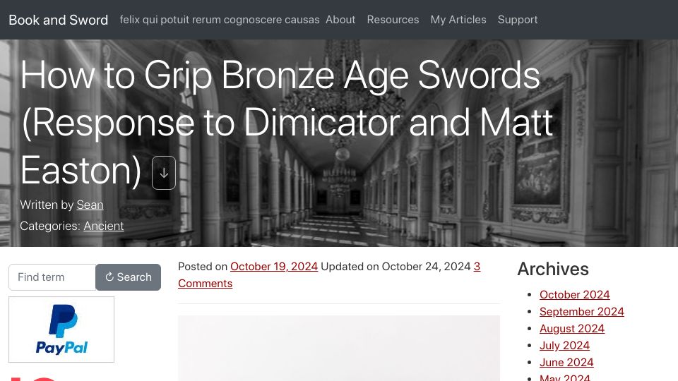 Screenshot of bookandsword.com: How to grip Bronze Age swords