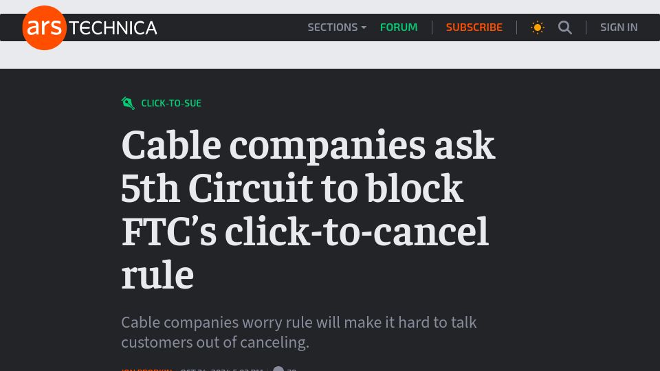 Screenshot of arstechnica.com: Cable companies ask 5th Circuit to block FTC's click-to-cancel rule