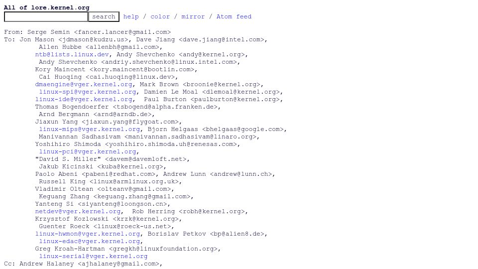 Screenshot of lore.kernel.org: Goodbye from a Linux Community Volunteer