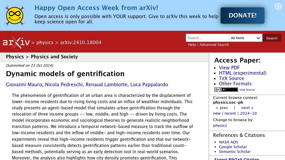 Screenshot of arxiv.org: Dynamic Models of Gentrification