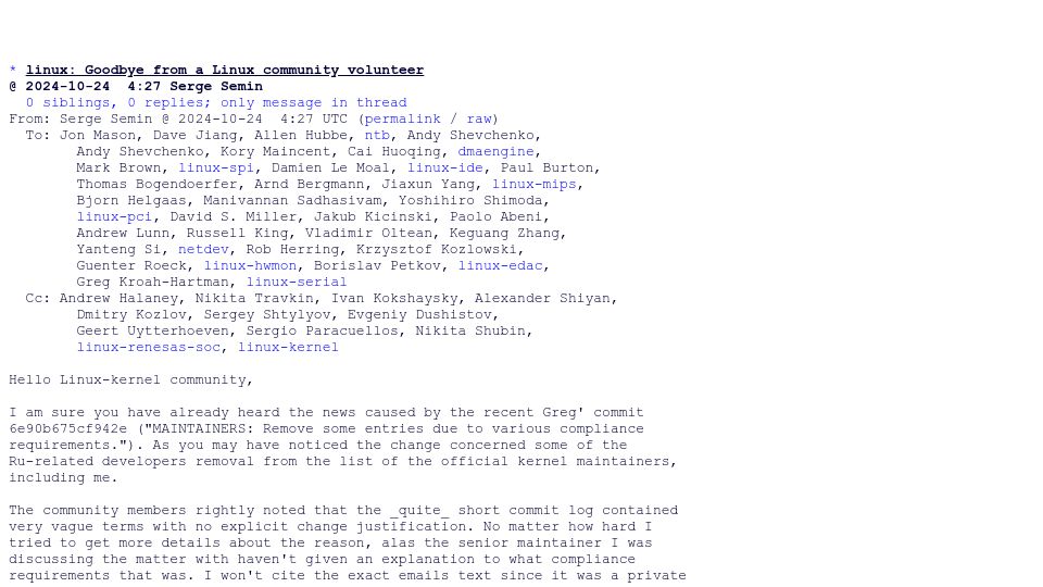 Screenshot of lore.kernel.org: Goodbye from a Linux Community Volunteer