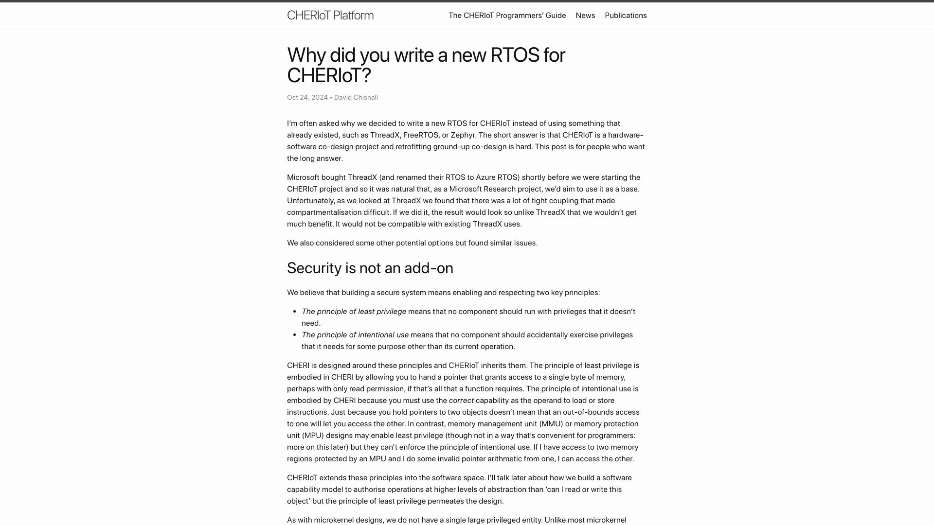 Screenshot of cheriot.org: Why did you write a new RTOS for CHERIoT?