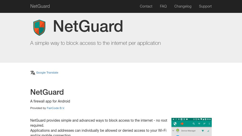 Screenshot of netguard.me: NetGuard – rootless Android outbound per-app OSS firewall, like LittleSnitch