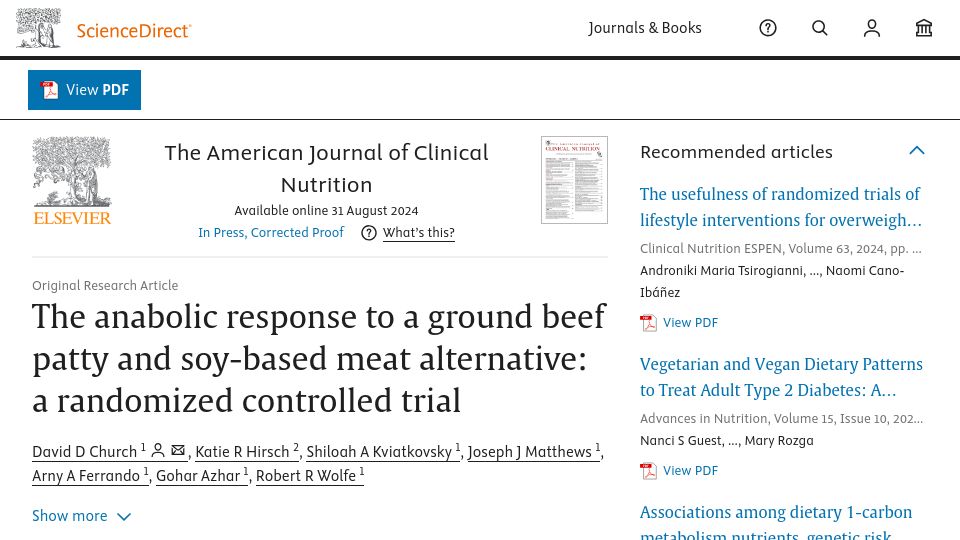 Screenshot of sciencedirect.com: Ground beef stimulates more protein synthesis than soy based meat