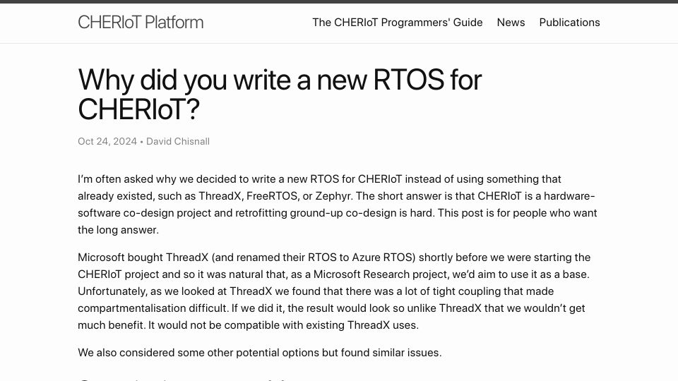 Screenshot of cheriot.org: Why did you write a new RTOS for CHERIoT?