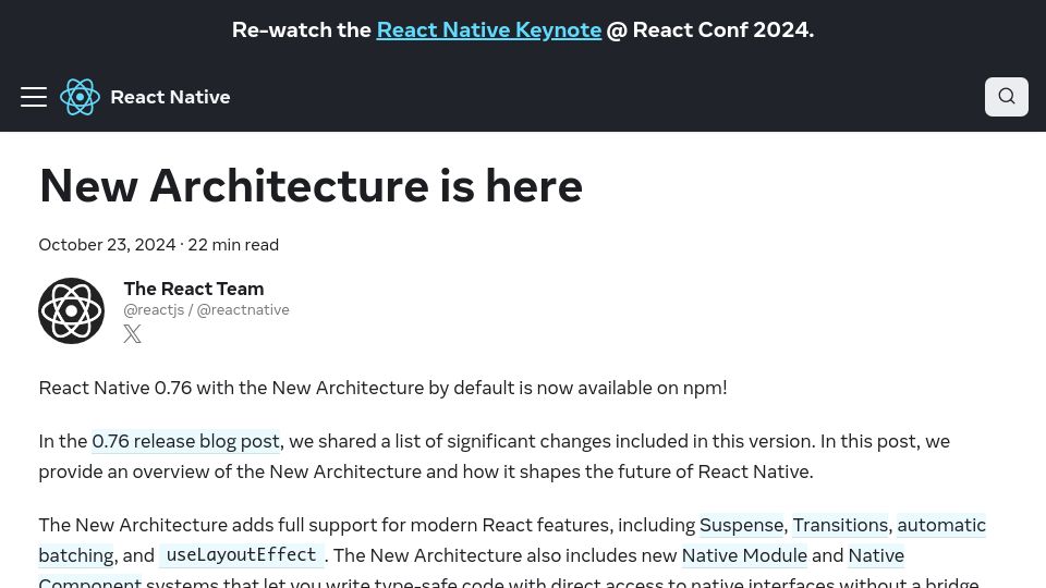 Screenshot of reactnative.dev: New Architecture is here