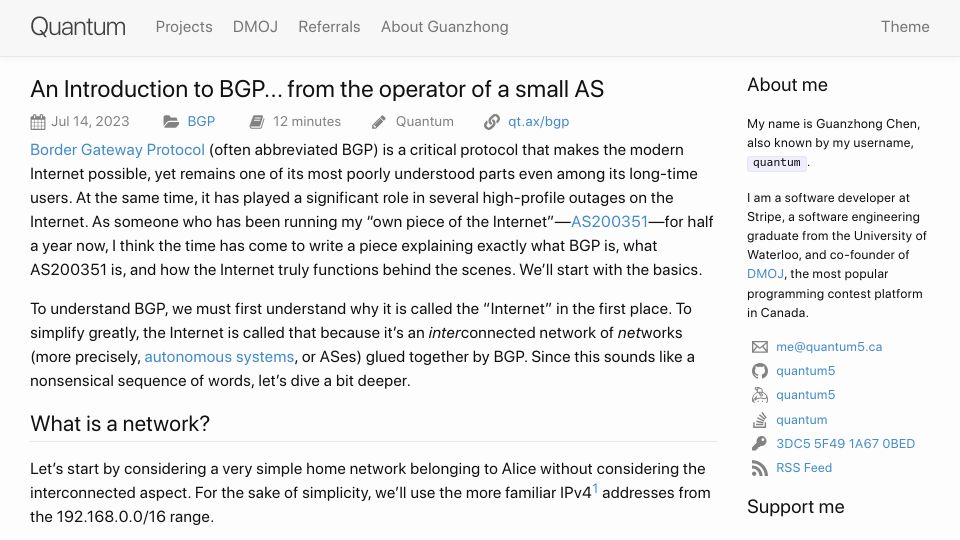 Screenshot of quantum5.ca: An Introduction to BGP from the operator of a small AS