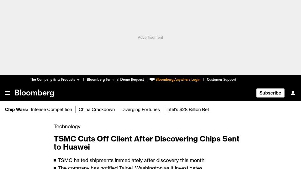 Screenshot of bloomberg.com: TSMC cuts off client after discovering chips sent to Huawei