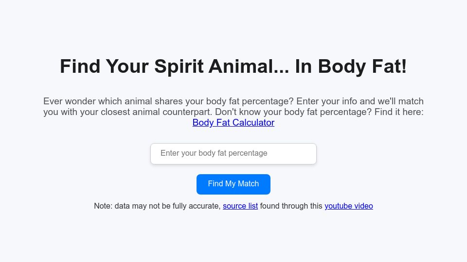 Screenshot of animalbodyfatmatch.netlify.app: Show HN: Which Animal Shares Your Body Fat Percentage?