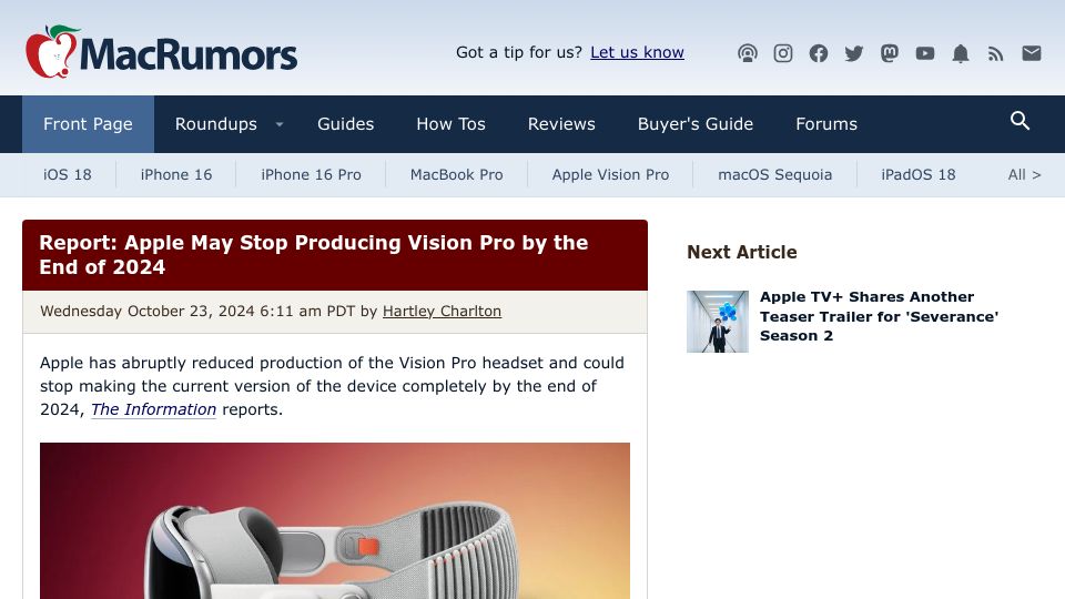 Screenshot of macrumors.com: Apple may stop producing Vision Pro by the end of 2024