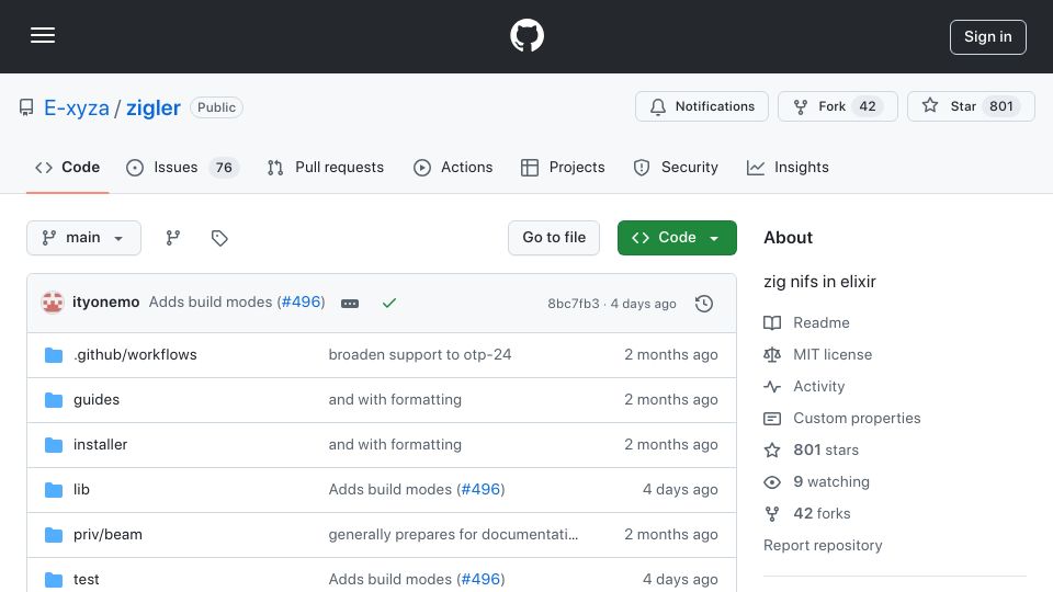 Screenshot of github.com: Zigler: Zig NIFs in Elixir