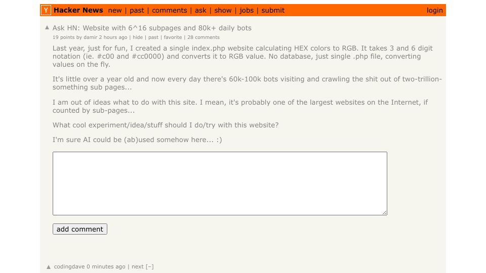 Screenshot of Hacker News post: Ask HN: Website with 6^16 subpages and 80k+ daily bots