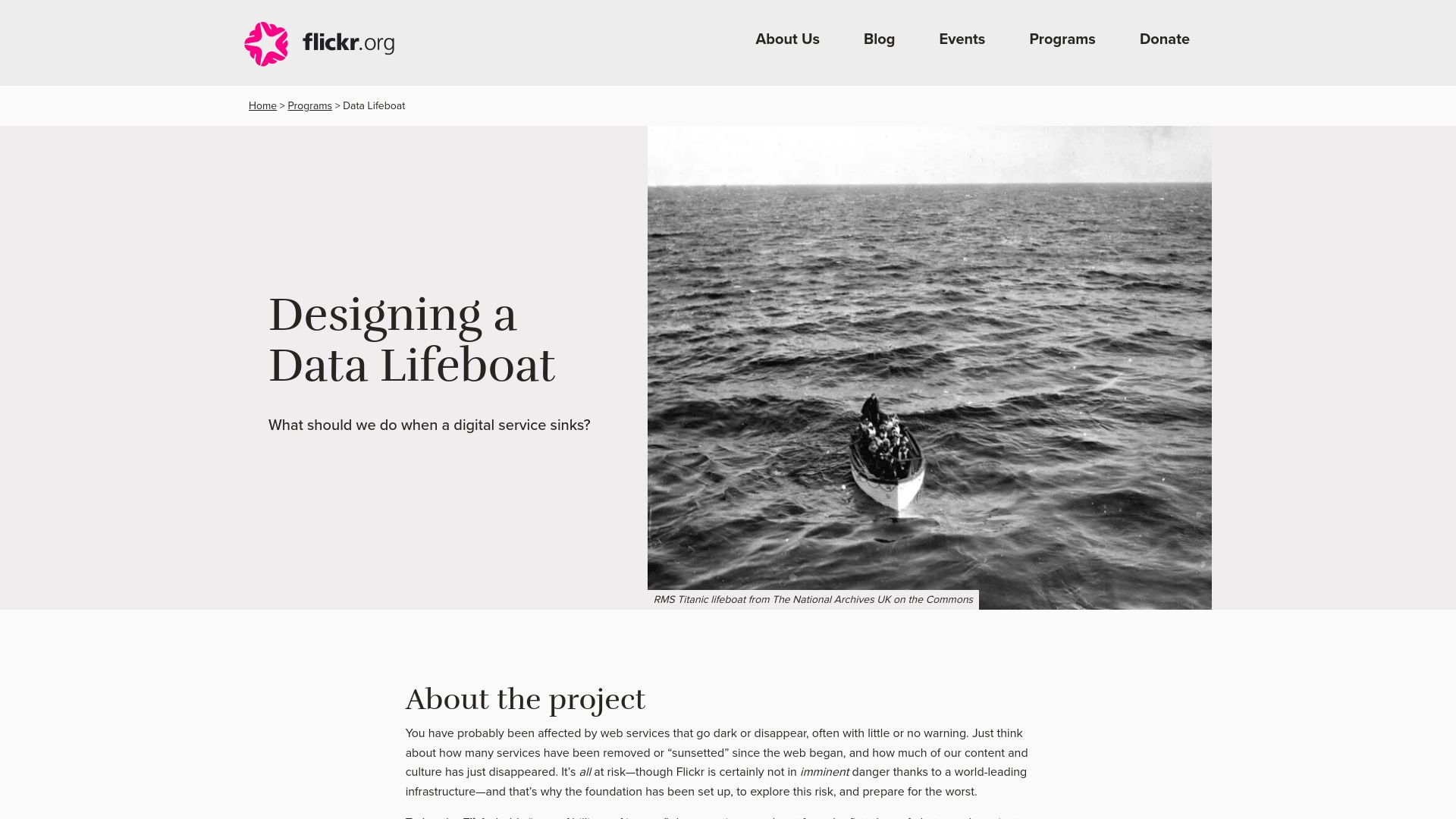 Screenshot of flickr.org: Data Lifeboat