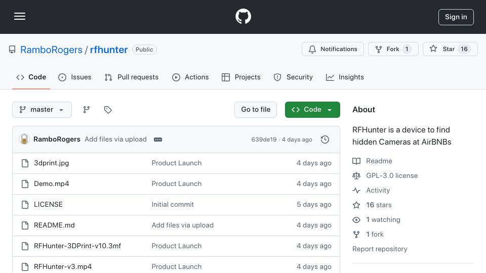 Screenshot of github.com: Show HN: RF Hunter – Find hidden cameras and other devices