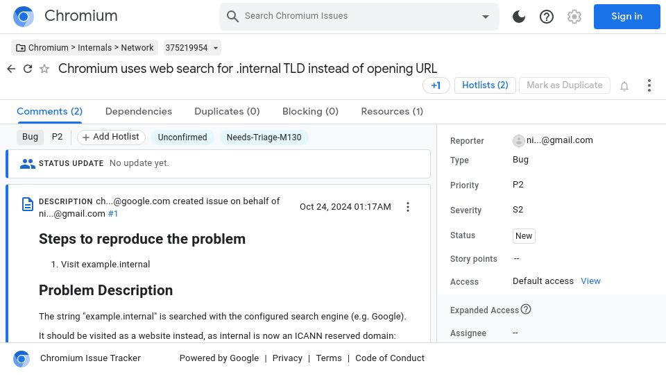 Screenshot of issues.chromium.org: Chromium uses web search for .internal TLD instead of opening URL
