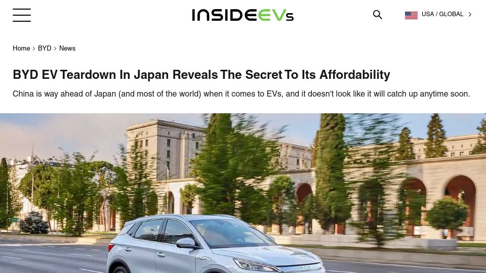 Screenshot of insideevs.com: BYD EV teardown in Japan reveals secrets to its affordability