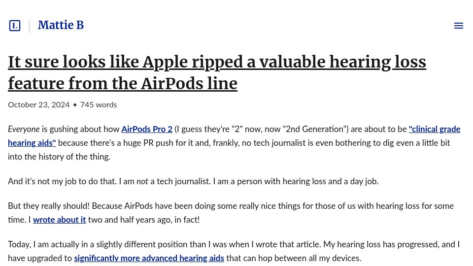 Screenshot of mattiebee.io: Apple ripped a valuable hearing loss feature from the AirPods line