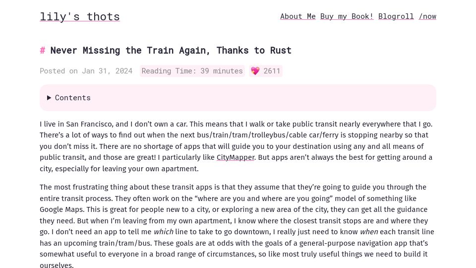 Screenshot of lilymara.xyz: Never Missing the Train Again