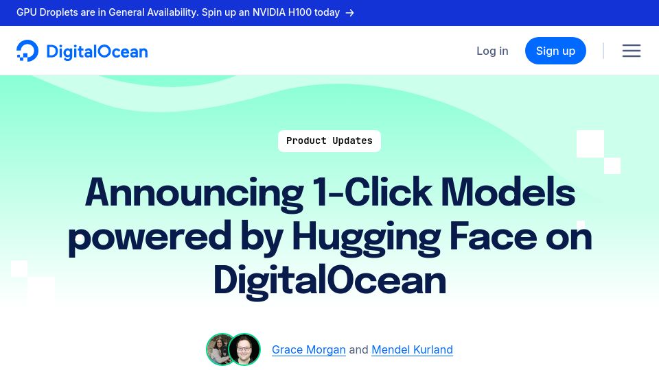 Screenshot of digitalocean.com: 1-Click Models Powered by Hugging Face