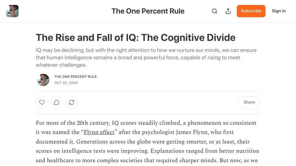 Screenshot of onepercentrule.substack.com: The Rise and Fall of IQ: The Cognitive Divide