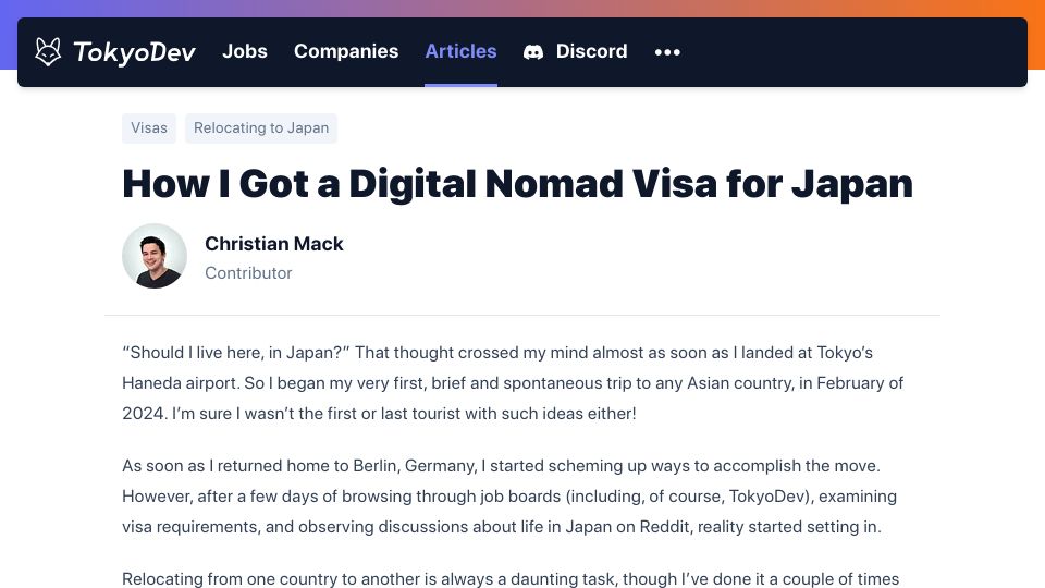 Screenshot of tokyodev.com: How I Got a Digital Nomad Visa for Japan
