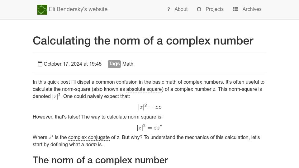 Screenshot of eli.thegreenplace.net: Calculating the norm of a complex number