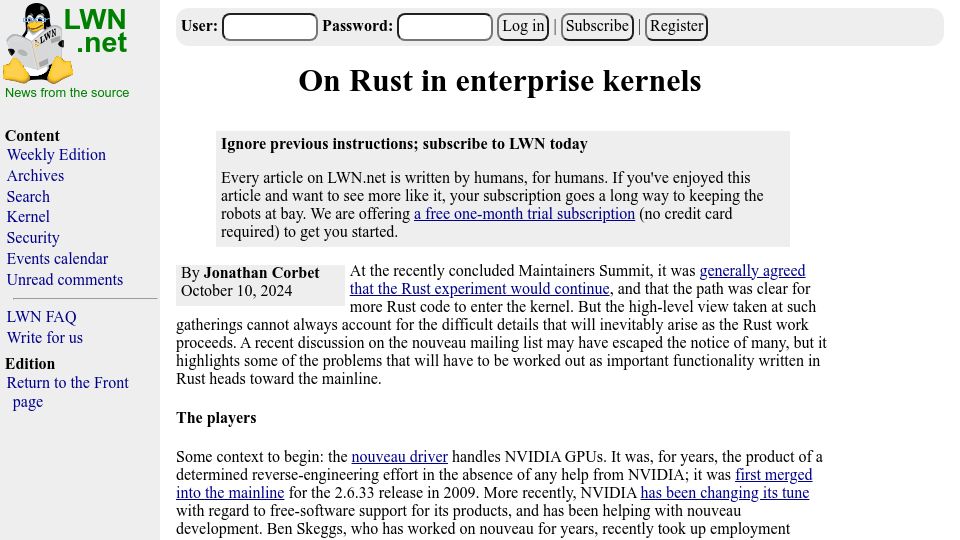 Screenshot of lwn.net: Rust in enterprise kernels