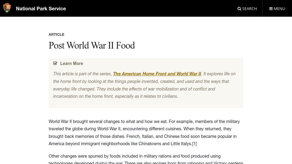 Screenshot of nps.gov: Post World War II Food
