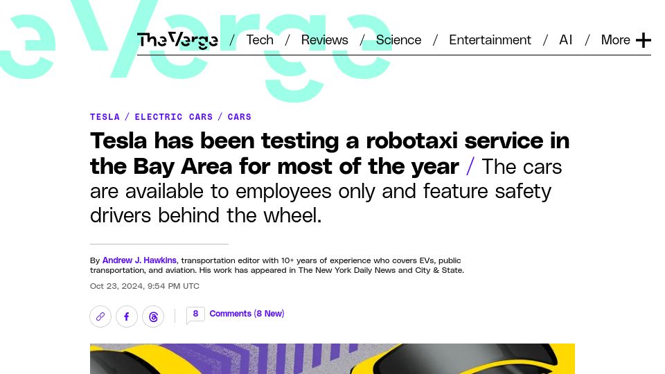 Screenshot of theverge.com: Tesla has been testing a robotaxi service in the Bay Area for most of the year
